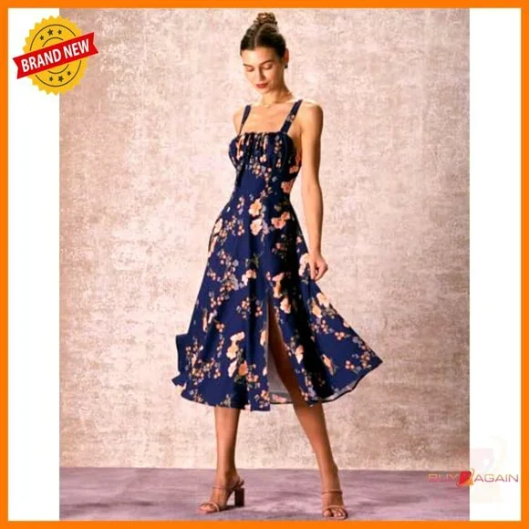 Vintage Square Neck Floral Dress Adjustable Bust A-Line Summer Short Sleeve - Picture 6 of 7